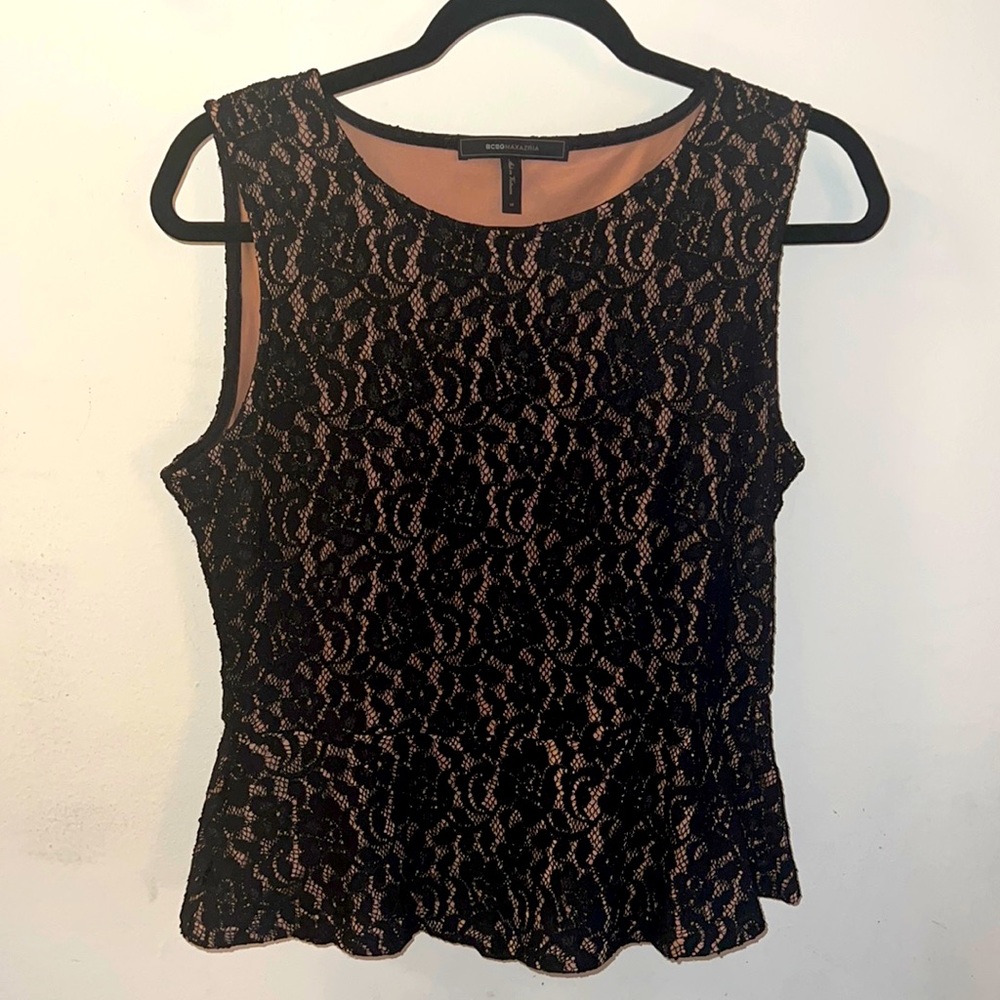 BCBGMaxazria Black & Nude Lace Peplum Top- Like New- Worn Twice. Smoke free Home